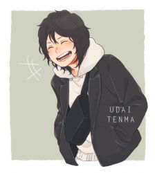Rule 34 | +++, 1boy, black hair, black jacket, character name, commentary request, closed eyes, fanny pack, haikyuu!!, hands in pockets, hood, hood down, hoodie, jacket, laugh 111, laughing, long sleeves, male focus, medium hair, messy hair, open mouth, solo, udai tenma