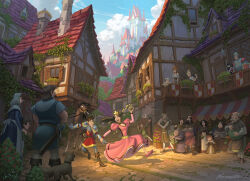 Rule 34 | 6+boys, 6+girls, absurdres, black hair, blonde hair, blue sky, boots, brown hair, building, castle, city, cloud, dress, european architecture, european clothes, facial hair, grey hair, highres, holding, holding hands, holding weapon, horse, knight, long hair, market, multiple boys, multiple girls, open mouth, orange hair, original, outdoors, pink dress, plant, polearm, princess, road, running, short hair, sky, spear, street, sword, wavenwater, weapon