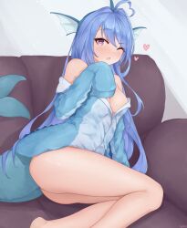 Rule 34 | 1girl, ahoge, artist name, ass, azur lane, bare shoulders, blue hair, blue shirt, bottomless, breasts, cleavage, commentary, cosplay, couch, creatures (company), english commentary, fins, game freak, gen 1 pokemon, head fins, heart, heart-shaped pupils, heart ahoge, helena (azur lane), highres, kyl490, long hair, looking at viewer, medium breasts, meme, nintendo, no pants, on couch, one eye closed, open mouth, pink pupils, pokemon, purple eyes, shirt, signature, sitting, sleeves past fingers, sleeves past wrists, solo, symbol-shaped pupils, tail, thighs, vaporeon, vaporeon (cosplay), vaporeon copypasta (meme), very long hair