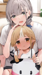 Rule 34 | 2girls, aged down, ahoge, alternate costume, asymmetrical hair, bare legs, barefoot, black shorts, blonde hair, blue ribbon, blurry, blurry background, blush, braid, braided ponytail, casual, child, commentary, couch, dark-skinned female, dark skin, finger to mouth, foot out of frame, french braid, green eyes, hair between eyes, hair over shoulder, hair ribbon, head tilt, highres, hololive, indoors, kintsuba (shiranui flare), looking at viewer, medium hair, multicolored hair, multiple girls, niii (memstapak), open mouth, orange eyes, parted lips, pointy ears, ribbon, shiranui flare, shirogane noel, shirt, short hair, short shorts, short sleeves, shorts, sitting, sitting on lap, sitting on person, smile, streaked hair, stuffed cow, sunlight, symbol-only commentary, two-tone hair, virtual youtuber, wariza, white hair, white shirt