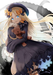 Rule 34 | 1girl, abigail williams (fate), black bow, black dress, black hat, blonde hair, bloomers, blue eyes, bow, breasts, dress, fate/grand order, fate (series), forehead, hair bow, hat, kam ata, long hair, long sleeves, looking at viewer, multiple hair bows, orange bow, parted bangs, parted lips, polka dot, polka dot bow, ribbed dress, sleeves past fingers, sleeves past wrists, small breasts, smile, stuffed animal, stuffed toy, teddy bear, tentacles, underwear, white bloomers