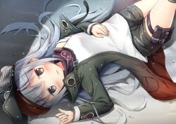 Rule 34 | 1girl, ammunition pouch, black shorts, blush, clenched hand, clip studio paint (medium), commentary, commentary request, english commentary, g11 (girls&#039; frontline), girls&#039; frontline, gradient jacket, green hat, green jacket, grey eyes, grey hair, hand on own stomach, hand up, hat, head tilt, holster, jacket, knee pads, long hair, looking at viewer, lying, mixed-language commentary, multicolored clothes, multicolored jacket, off shoulder, on back, on ground, open clothes, open jacket, parted lips, pouch, red jacket, scarf, shirt, shorts, sidelocks, solo, strap, swept bangs, thigh holster, very long hair, white shirt, yashin