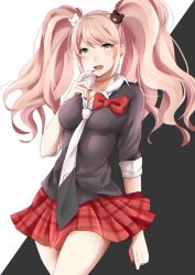 Rule 34 | 10s, 1girl, bad id, bad pixiv id, blue eyes, bow, breasts, choker, cleavage, danganronpa (series), danganronpa: trigger happy havoc, enoshima junko, hair ornament, kuramira, long hair, nail polish, necktie, open mouth, pink hair, plaid, plaid skirt, red nails, red skirt, skirt, sleeves rolled up, smile, solo, spoilers, twintails