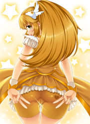 Rule 34 | 10s, 1girl, arms behind back, ass, bad id, bad pixiv id, bike shorts, bike shorts under skirt, blonde hair, blush, cameltoe, choker, cure peace, double v, dress, from behind, hair flaps, hair ornament, heart, highres, kise yayoi, long hair, looking back, magical girl, open mouth, ponytail, precure, ren san, shorts, shorts under skirt, skirt, smile, smile precure!, solo, spandex, sparkle, star (symbol), tiara, v, wrist cuffs, yellow dress, yellow eyes, yellow shorts, yellow skirt, yellow theme