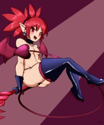 Rule 34 | 1girl, ass, bare shoulders, black gloves, black panties, boots, breasts, censored nipples, choker, convenient censoring, demon girl, demon tail, demon wings, disgaea, earrings, etna (disgaea), fang, full body, gloves, highres, jewelry, looking at viewer, makai senki disgaea, matching hair/eyes, mildlyliquored, open mouth, panties, pointy ears, purple background, red eyes, red hair, red thighhighs, simple background, skull earrings, small breasts, smile, solo, tail, thigh boots, thighhighs, twintails, two-tone background, underwear, wings
