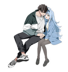 Rule 34 | 1boy, 1girl, ahoge, blue coat, blue hair, blush, coat, couple, full body, hetero, highres, holding hands, jacket, jewelry, kise itsuki, loafers, long hair, looking at another, necklace, one eye closed, open clothes, open coat, open jacket, open mouth, original, pantyhose, shoes, simple background, sitting, smile, sneakers, sweater, white background, yellow eyes