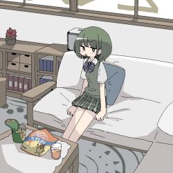 Rule 34 | 1girl, bad id, bad twitter id, bag of chips, bb5 hz, bookshelf, bow, bowtie, coffee table, collared shirt, couch, cup, cushion, drink, drinking glass, full body, furrowed brow, green eyes, green hair, green skirt, green sweater vest, idolmaster, idolmaster shiny colors, inactive account, indoors, jaggy lines, jitome, looking at viewer, nanakusa nichika, on couch, open mouth, outstretched legs, plaid, plaid skirt, pleated skirt, purple bow, purple bowtie, raised eyebrow, rug, school uniform, shirt, short hair, short sleeves, sitting, skirt, snack, solo, striped bow, striped bowtie, striped clothes, sweater vest, table, white shirt, window