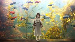 Rule 34 | 1girl, :o, absurdres, anyotete, aquarium, belt, brown eyes, brown hair, collared dress, detached sleeves, dress, fish, fish tank, full body, grouper (fish), high heels, highres, kelp, light, long hair, long sleeves, looking at viewer, open mouth, original, scenery, solo, standing, umbrella, white dress
