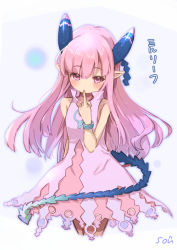Rule 34 | 1girl, bangle, bare shoulders, bracelet, commentary request, cropped legs, dress, finger to mouth, hair between eyes, hand up, horns, jewelry, long hair, milreaf, pink dress, pink hair, purple eyes, signature, sleeveless, sleeveless dress, solo, sou (soutennkouchi), summon night, summon night 4, tail, translation request, very long hair
