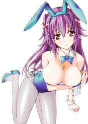 Rule 34 | 10s, 1girl, aged up, animal ears, bare shoulders, bow, bowtie, breast hold, breasts, cleavage, cuffs, fake animal ears, grey pantyhose, hercule barton, high heels, large breasts, leotard, long hair, pantyhose, pink eyes, playboy bunny, purple hair, rabbit ears, rabbit tail, shoes, simple background, solo, tail, takamura wamu, tantei opera milky holmes