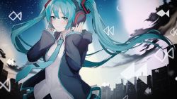 Rule 34 | 1girl, absurdres, aqua eyes, aqua hair, aqua nails, aqua necktie, black clouds, black skirt, cityscape, closed mouth, collared shirt, crescent moon, hair between eyes, hands on headphones, hatsune miku, headphones, headset, highres, hood, hoodie, light smile, long hair, long sleeves, looking at viewer, moon, nail polish, necktie, pleated skirt, rewind button, shiratakiseaice, shirt, skirt, sky, sleeves past wrists, smile, solo, star (sky), starry sky, tie clip, twintails, vocaloid, white shirt