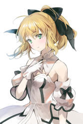 Rule 34 | 1girl, artoria pendragon (all), artoria pendragon (fate), bare shoulders, black bow, blonde hair, blush, bow, closed mouth, detached collar, detached sleeves, dress, fate/stay night, fate (series), gloves, green eyes, hair bow, hand on own chest, ice (ice aptx), looking at viewer, ponytail, saber lily, sidelocks, simple background, solo, white background, white dress, white gloves