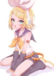 Rule 34 | 1girl, aqua eyes, arms between legs, bare shoulders, blonde hair, blush, bow, detached sleeves, grey leg warmers, grey sailor collar, grey sleeves, hair bow, hair ornament, hairclip, headphones, headset, highres, kagamine rin, leg warmers, looking at viewer, midriff, neckerchief, nnc225, number tattoo, open mouth, sailor collar, shirt, short hair, shorts, shoulder tattoo, sitting, skinny, sleeveless, sleeveless shirt, solo, tattoo, treble clef, tsurime, vocaloid, wariza, white background, white bow, white footwear, yellow nails, yellow neckerchief