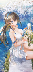 Rule 34 | 1girl, absurdres, artist name, babydoll, blue eyes, blue hairband, blurry, blurry background, bouquet, branch, breasts, brown hair, cleavage, commentary, dated, day, fingernails, floating hair, flower, grass, hair over one eye, hairband, halterneck, highres, holding, holding bouquet, large breasts, long hair, looking at viewer, original, outdoors, panties, parted lips, pink flower, sitting, solo, swkl:d, symbol-only commentary, teeth, underwear, water, white babydoll, white panties
