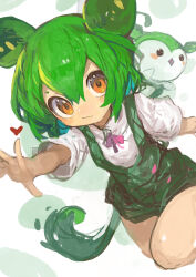 Rule 34 | 1girl, :3, absurdres, closed mouth, commentary request, creature, creature and personification, green hair, hair between eyes, heart, highres, kaamin (mariarose753), long hair, looking at viewer, low ponytail, neck ribbon, orange eyes, outstretched arm, ponytail, ribbon, shirt, short sleeves, shorts, solo, suspender shorts, suspenders, voiceroid, voicevox, white shirt, zundamon