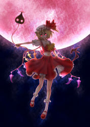 Rule 34 | 1girl, alternate wings, ascot, bad id, bad pixiv id, bob cut, female focus, flandre scarlet, floating, full moon, glowing, glowing eyes, hat, highres, koube akiwo, laevatein, mary janes, midriff, moon, navel, outstretched arm, red moon, shoes, short hair, short sleeves, side ponytail, skirt, smile, socks, solo, touhou, wings