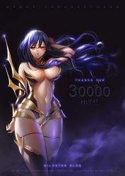 Rule 34 | 1girl, absurdres, boots, breasts, center opening, character name, copyright name, curvy, detached collar, english text, engrish text, female focus, han so young, highres, large breasts, leotard, long hair, looking at viewer, memorize, open mouth, purple hair, ranguage, red eyes, silvester, solo, text focus, thigh boots, thighhighs, wide hips