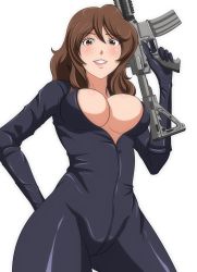 Rule 34 | 1girl, blush, bodysuit, breasts, brown eyes, brown hair, cleavage, from below, grin, gun, highres, igatto, large breasts, leather, lips, long hair, looking at viewer, looking down, lupin iii, mine fujiko, simple background, smile, solo, tms entertainment, weapon, white background, zipper