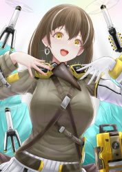 Rule 34 | 1girl, archstreal, arknights, bird mask, breasts, brown hair, clothes around waist, commentary, cowboy shot, drone, earrings, english commentary, eyelashes, gas mask, glint, gloves, green sweater, hair between eyes, highres, hoop earrings, jacket, jacket around waist, jewelry, long sleeves, looking at viewer, magallan (arknights), magallan (elite ii) (arknights), mask, mask around neck, medium breasts, multicolored hair, open mouth, ribbed sweater, short hair, single earring, single glove, smile, solo, strap, streaked hair, sweater, turtleneck, turtleneck sweater, two-tone hair, white gloves, white hair, yellow eyes