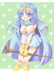 Rule 34 | 1girl, blue eyes, blue hair, blush, breasts squeezed together, breasts, cape, chunsoft, circlet, cleavage, dragon quest, dragon quest iii, dress, enix, covered erect nipples, fantasy, gloves, hat, huge breasts, large breasts, legs, long hair, matching hair/eyes, panties, pantyshot, rusty soul, sage (dq3), skirt, solo, staff, thighs, tiara, underwear, upskirt, weapon, white skirt