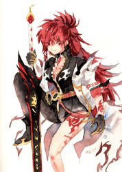 Rule 34 | 1girl, arm tattoo, asymmetrical clothes, belt, black bodysuit, black collar, black footwear, black gloves, bodysuit, braid, breasts, choker, cleavage, coat, collar, colored shoe soles, earrings, elesis (elsword), elsword, flame lord (elsword), foot out of frame, gloves, hair over one eye, highres, holding, holding sword, holding weapon, huabian123, jewelry, leg tattoo, long hair, long sleeves, looking at viewer, open clothes, open coat, pendant, ponytail, red belt, red eyes, red hair, runes, shoes, single pantsleg, sitting, skin tight, solo, sword, tattoo, torn clothes, torn coat, very long hair, weapon, white background, white coat
