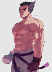 Rule 34 | 1boy, abs, absurdres, belt, biceps, black eyes, blurry, clenched hands, closed mouth, collarbone, commentary, cowboy shot, depth of field, facial scar, fingerless gloves, gloves, grey background, heterochromia, highres, looking at viewer, male focus, martial arts belt, mishima kazuya, muscular, muscular male, navel, no nipples, pants, pectorals, purple belt, red eyes, red gloves, scar, scar on arm, scar on cheek, scar on chest, scar on face, serious, simple background, solo, spiked hair, standing, tekken, thick eyebrows, topless male, twitter username, white pants, zero-go