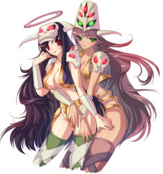 Rule 34 | 2girls, black hair, black vest, blush, breasts, brown hair, brown thighhighs, brown vest, cleavage, commentary request, cowboy shot, dark halo, dark illusion, dark lord (ragnarok online), genderswap, genderswap (mtf), gold, green eyes, green thighhighs, halo, helmet, humanization, korean commentary, large breasts, lips, long hair, looking at viewer, matsuki ringo, mixed-language commentary, multiple girls, official art, open mouth, parted lips, ragnarok online, red eyes, revealing clothes, shiny skin, simple background, skull, skull on head, smile, thighhighs, very long hair, vest, white background