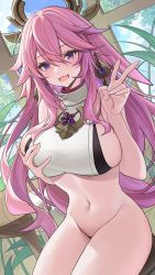 Rule 34 | 1girl, animal ears, bare shoulders, blush, bottomless, breast hold, breasts, catsmoon, cowboy shot, earrings, fang, fox ears, genshin impact, groin, hair between eyes, hair ornament, highres, jewelry, large breasts, long hair, looking at viewer, navel, pink hair, plant, purple eyes, sidelocks, sitting, solo, stomach, table, thighs, v, yae miko
