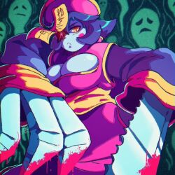 Rule 34 | artbenbeau, blood, blue skin, breasts, claws, cleavage, cleavage cutout, clothing cutout, colored skin, hat, large breasts, lei lei, one eye covered, purple hair, serious, short hair, vampire (game), yellow eyes