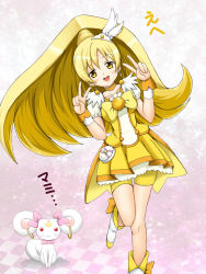 Rule 34 | 1girl, :3, alternate hairstyle, bike shorts, blonde hair, bow, brooch, candy (smile precure!), choker, color connection, cosplay, creature, cure peace, cure peace (cosplay), double v, earrings, fuuma nagi, hair flaps, jewelry, kyubey, long hair, mahou shoujo madoka magica, mahou shoujo madoka magica (anime), open mouth, pink bow, precure, ribbon, shorts, shorts under skirt, skirt, smile, smile precure!, standing, standing on one leg, tiara, tomoe mami, v, wrist cuffs, yellow bow, yellow eyes, yellow shorts, yellow skirt, yellow theme