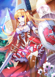 Rule 34 | 1girl, blonde hair, blue sky, blurry, breasts, brown thighhighs, building, cape, cleavage, depth of field, dutch angle, flower, greetload, hair ornament, holding, land of caromag, looking at viewer, navel, original, petals, purple eyes, shield, sky, solo, swoed, sword, thighhighs, weapon, wind, zettai ryouiki