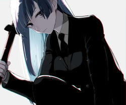 Rule 34 | 1girl, asymmetrical bangs, backlighting, bad id, bad twitter id, black jacket, black necktie, black pants, black suit, blue hair, breasts, closed mouth, collared shirt, commentary, expressionless, eyelashes, formal, grey background, holding, holding sword, holding weapon, jacket, jujutsu kaisen, katana, light blue hair, lips, long hair, looking at viewer, medium breasts, miwa kasumi, necktie, pant suit, pants, purple eyes, scabbard, sheath, sheathed, shirt, simple background, solo, squatting, straight hair, suit, sword, ttkr n3, weapon, white background, white shirt, wing collar