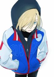 Rule 34 | 1boy, blonde hair, blue eyes, commentary request, cowboy shot, hair over one eye, hands in pockets, hood, hood up, hoodie, jacket, kawai makoto, long sleeves, looking at viewer, male focus, one eye covered, parted lips, simple background, solo, standing, white background, yuri!!! on ice, yuri plisetsky