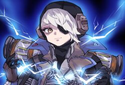 Rule 34 | 1girl, animification, apex legends, black gloves, black headwear, black jacket, collared shirt, deep current wattson, electricity, eyepatch, gloves, grey hair, grey shirt, jacket, looking at viewer, official alternate costume, one eye covered, open hands, portrait, riku (ururi7610), shirt, smile, solo, wattson (apex legends), yellow eyes