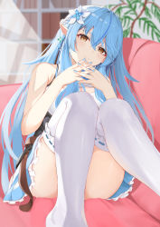 Rule 34 | 1girl, ahoge, ass, bare arms, bare shoulders, blue hair, blue nails, blurry, blurry background, braid, brown eyes, commentary request, couch, depth of field, earrings, flower, frilled skirt, frills, hair between eyes, hair flower, hair ornament, half updo, highres, hikashou, hololive, indoors, jewelry, leaning back, long hair, looking at viewer, nail polish, own hands together, plant, pointy ears, potted plant, ribbon-trimmed legwear, ribbon trim, sitting, skirt, smile, solo, thighhighs, virtual youtuber, white flower, white thighhighs, yukihana lamy