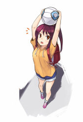 Rule 34 | 10s, 1girl, ^^^, backpack, bag, ball, carrying overhead, denchuubou, denim, denim shorts, foreshortening, full body, ginga e kickoff!!, hood, hoodie, looking at viewer, open mouth, original, ponytail, purple hair, red eyes, shoes, short hair, shorts, soccer ball, socks, solo, sweater, takatou erika, white background