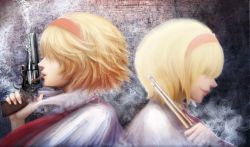 Rule 34 | 2girls, alice margatroid, back-to-back, blonde hair, capelet, cigarette, closed mouth, commentary request, cookie (touhou), drumsticks, dual persona, gun, hair between eyes, hair over eyes, hairband, handgun, highres, holding, holding drumsticks, holding gun, holding weapon, jigen (cookie), khn (kihana), multiple girls, profile, red hairband, revolver, short hair, smile, smoke, smoking, touhou, upper body, weapon, white capelet
