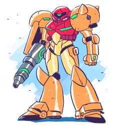 Rule 34 | arm cannon, arms at sides, commentary, english commentary, fusion, gundam, looking at viewer, mecha, metroid, nintendo, no humans, rariatto (ganguri), robot, samus aran, solo, standing, weapon, zaku ii