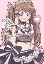 Rule 34 | 1girl, :d, arrow (symbol), black bow, black skirt, blush, bow, bow skirt, bowtie, breasts, brown hair, cropped shirt, frilled skirt, frills, fujishima megumi, grey bow, h.s.c.t. (love live!), hair bow, hair ornament, hairclip, heart, heart hair ornament, large breasts, link! like! love live!, long hair, looking at viewer, love live!, midriff, miniskirt, official alternate costume, official alternate hairstyle, open mouth, pink background, purple eyes, simple background, skirt, smile, solo, spoken heart, striped bow, translation request, twintails, uo (wotakana p), upper body, virtual youtuber, white bow, white bowtie