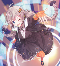 Rule 34 | 1girl, ;d, black dress, black footwear, black jacket, braid, breasts, commentary request, dress, fingerless gloves, gloves, hair ornament, headphones, headset, jacket, kizuna akari, konnyaku (kk-monmon), long hair, long sleeves, looking at viewer, low twintails, mary janes, medium breasts, one eye closed, open clothes, open jacket, open mouth, orange gloves, orange pantyhose, outstretched arm, pantyhose, puffy long sleeves, puffy sleeves, round teeth, shoes, silver hair, smile, solo, standing, standing on one leg, striped clothes, striped gloves, striped pantyhose, teeth, twin braids, twintails, upper teeth only, vertical-striped clothes, vertical-striped gloves, vertical-striped pantyhose, very long hair, vocaloid, voiceroid