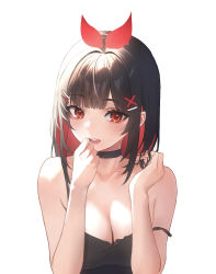 Rule 34 | 1girl, :d, abab xiaxia, blunt bangs, bow, breasts, brown hair, choker, cleavage, collarbone, colored inner hair, hair bow, hair ornament, hairclip, hand on own face, hands up, highres, light blush, looking at viewer, medium breasts, medium hair, multicolored hair, open mouth, orange eyes, original, parted lips, red bow, red hair, sidelocks, simple background, smile, solo, strap slip, teeth, two-tone hair, upper body, upper teeth only, white background, x hair ornament