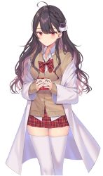 Rule 34 | 1girl, absurdres, ahoge, black hair, blush, bow, bowtie, braid, breasts, brown cardigan, buttons, cardigan, cat hair ornament, closed mouth, coat, collared shirt, commentary request, cup, expressionless, feet out of frame, hair ornament, highres, holding, holding cup, izumo neru, lab coat, long hair, long sleeves, looking at viewer, medium breasts, miniskirt, mole, mole under eye, off shoulder, open clothes, open coat, original, plaid, plaid bow, plaid bowtie, plaid neckwear, plaid skirt, pleated skirt, pom pom (clothes), red bow, red bowtie, red eyes, red skirt, school uniform, shirt, simple background, skirt, sleeves past wrists, solo, standing, thighhighs, wavy hair, white background, white coat, white shirt, white thighhighs, zettai ryouiki