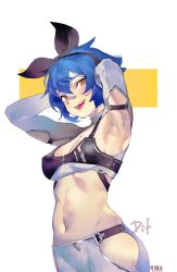 Rule 34 | 1girl, armpits, arms behind head, arms up, bandaid, bandaid on face, bandaid on nose, black camisole, black hairband, black ribbon, blue hair, blush, borrowed character, breasts, bright pupils, brown eyes, camisole, character name, clothing cutout, cowboy shot, crop top, dif (difman), eyes visible through hair, groin, hair between eyes, hair ribbon, hairband, highres, hip vent, liren44, long sleeves, looking at viewer, medium breasts, midriff, mole, mole under eye, navel, open mouth, original, presenting armpit, ribbon, short hair, shorts, shrug (clothing), smile, solo, spaghetti strap, standing, twitter username, white background, white pupils, white shorts, white shrug