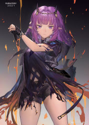 Rule 34 | 1girl, absurdres, arknights, bingansuan jiamouren, burnt clothes, demon girl, demon horns, highres, horns, knife, lava (arknights), lava the purgatory (arknights), looking at viewer, material growth, official alternate costume, oripathy lesion (arknights), pointy ears, purple eyes, purple hair, short hair, short shorts, shorts, solo, thighs, weapon