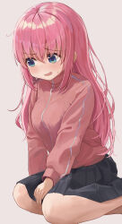 Rule 34 | 1girl, black skirt, blue eyes, blush, bocchi the rock!, breasts, commentary request, feet out of frame, gotoh hitori, grey background, hair between eyes, highres, jacket, long hair, long sleeves, looking away, medium breasts, mimikaki (men bow), open mouth, pink hair, pink jacket, pleated skirt, puffy long sleeves, puffy sleeves, simple background, skirt, solo, sweat, track jacket, very long hair