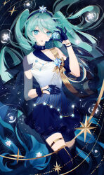 Rule 34 | 1girl, absurdres, aqua hair, black background, black gloves, blue eyes, cowboy shot, gloves, hair between eyes, hand up, hatsune miku, headset, highres, holding small stellated dodecahedron, looking at viewer, osage (8545675), parted lips, polaris miku, shirt, shoulder tattoo, simple background, small stellated dodecahedron, solo, tattoo, twintails, vocaloid, white shirt