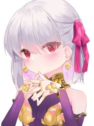 Rule 34 | 1girl, bad id, bad pixiv id, bare shoulders, blush, breasts, child, collar, detached sleeves, dress, earrings, fate/grand order, fate (series), grey hair, hair ribbon, highres, jewelry, kama (fate), kama (first ascension) (fate), looking at viewer, metal collar, purple dress, purple sleeves, red eyes, ribbon, ring, simple background, small breasts, solo