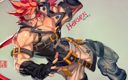 Rule 34 | 1boy, alternate design, alternate eye color, alternate hair color, bara, bare shoulders, belt buckle, brown hair, buckle, covered abs, feet out of frame, fighting stance, fingerless gloves, gloves, guilty gear, harness, headgear, highres, large pectorals, long hair, male focus, muscular, na insoo, open clothes, over shoulder, pectorals, pelvic curtain, ponytail, revision, shiny skin, shoes, simple background, sleeveless, sol badguy, solo, spiked hair, tight clothes, weapon, weapon over shoulder, yellow eyes