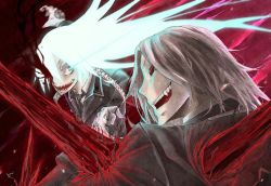 Rule 34 | 2boys, arm up, battle, black neckwear, black sclera, blood, blood on face, blue eyes, blue hair, colored sclera, dies irae, eternal 14sai, gloves, glowing, glowing eye, glowing hair, grey hair, highres, long hair, looking at another, male focus, multiple boys, necktie, open mouth, sharp teeth, shinza bansho series, smile, teeth, tongue, torn clothes, white gloves