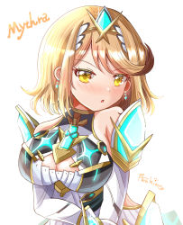 Rule 34 | 1girl, absurdres, alternate hair length, alternate hairstyle, amahime kaichou, blonde hair, breasts, chest jewel, cleavage, cleavage cutout, clothing cutout, dress, elbow gloves, gloves, highres, large breasts, mythra (xenoblade), short dress, short hair, solo, swept bangs, white dress, white gloves, xenoblade chronicles (series), xenoblade chronicles 2, yellow eyes